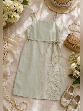 Vintage Christian Dior Boutique Mint Linen Eyelet Heirloom Dress Made in France